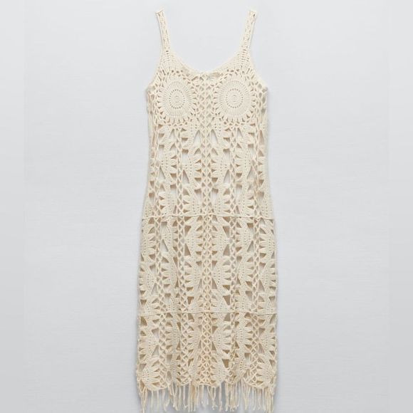 ZARA MACRAMÉ FRINGED KNIT DRESS - Picture 7 of 10